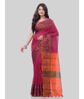 DESH BIDESH Women`s Tant Cotton Silk Handloom Cotton Saree Pushpomala With Blouse Piece(Pink Orange)